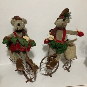 Christmas Mice on Bikes. Set of 2. Metal and Plush. Used and Loved
